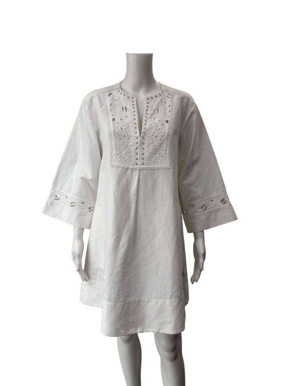 Chloe White Iconic Milk Eyelet Embroidered Cotton Linen Tunic Dress size FR 38/6